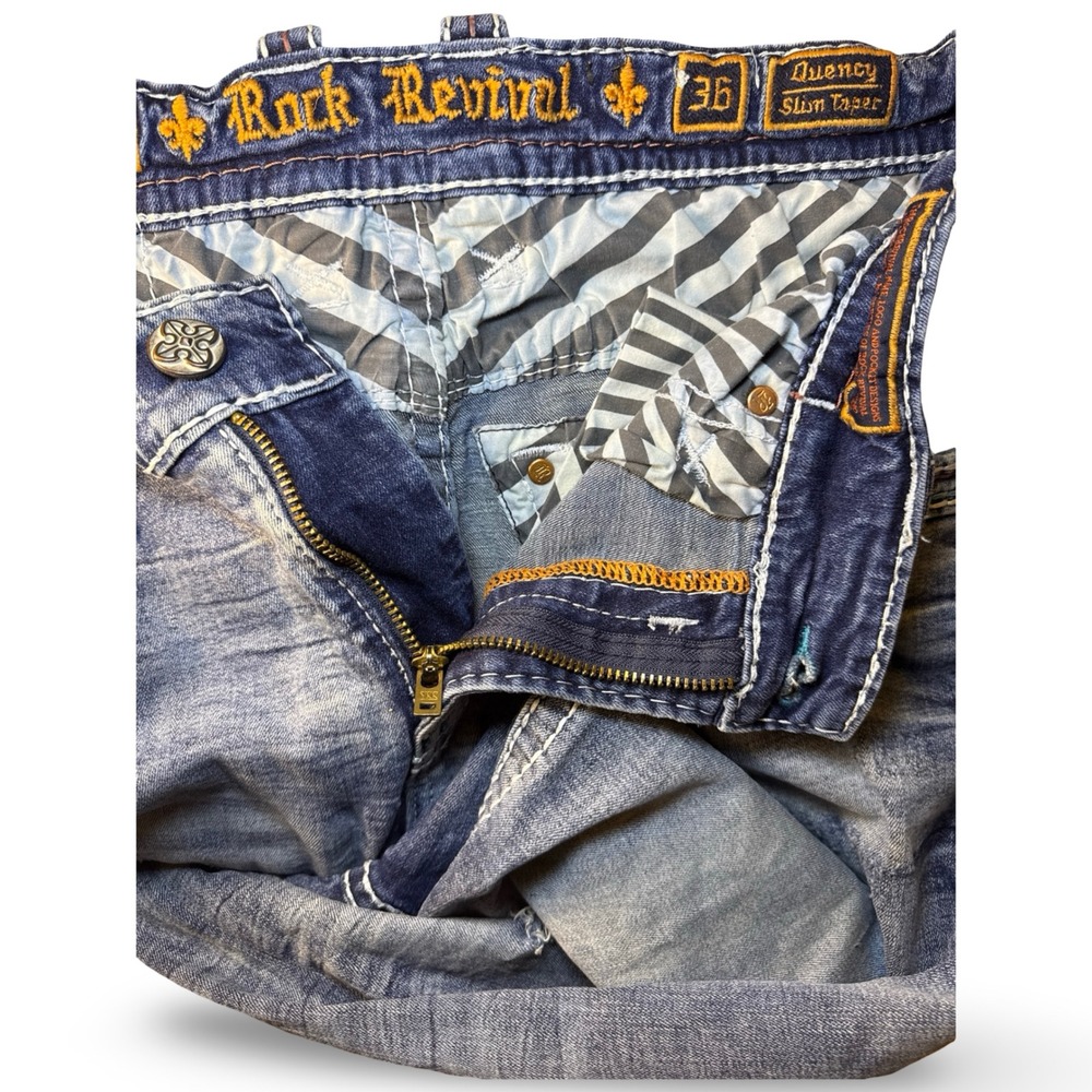 Rock Revival Quency Slim Taper Jeans Mens 36 Distressed Stretch Embroidered - Picture 3 of 12